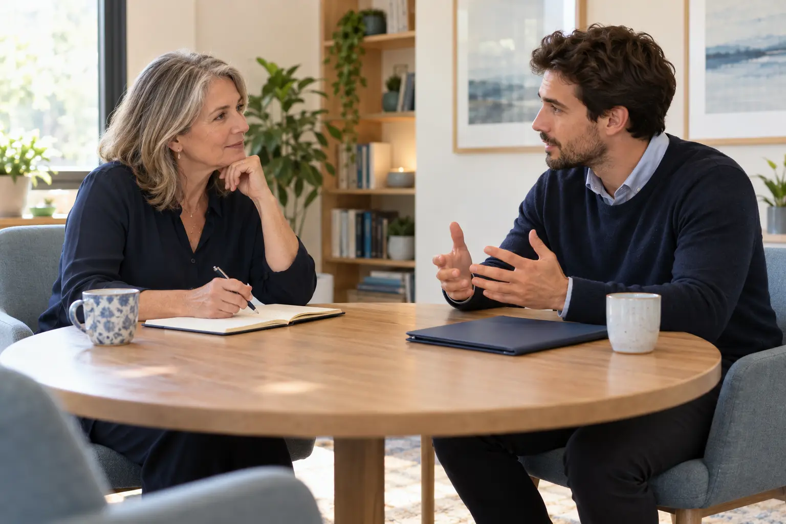 Illustrative image of two professional colleagues discussing their work